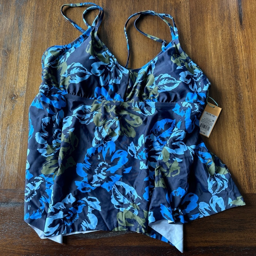 Kona Sol Women’s Floral Blue and Green Swim Top- size X- Large